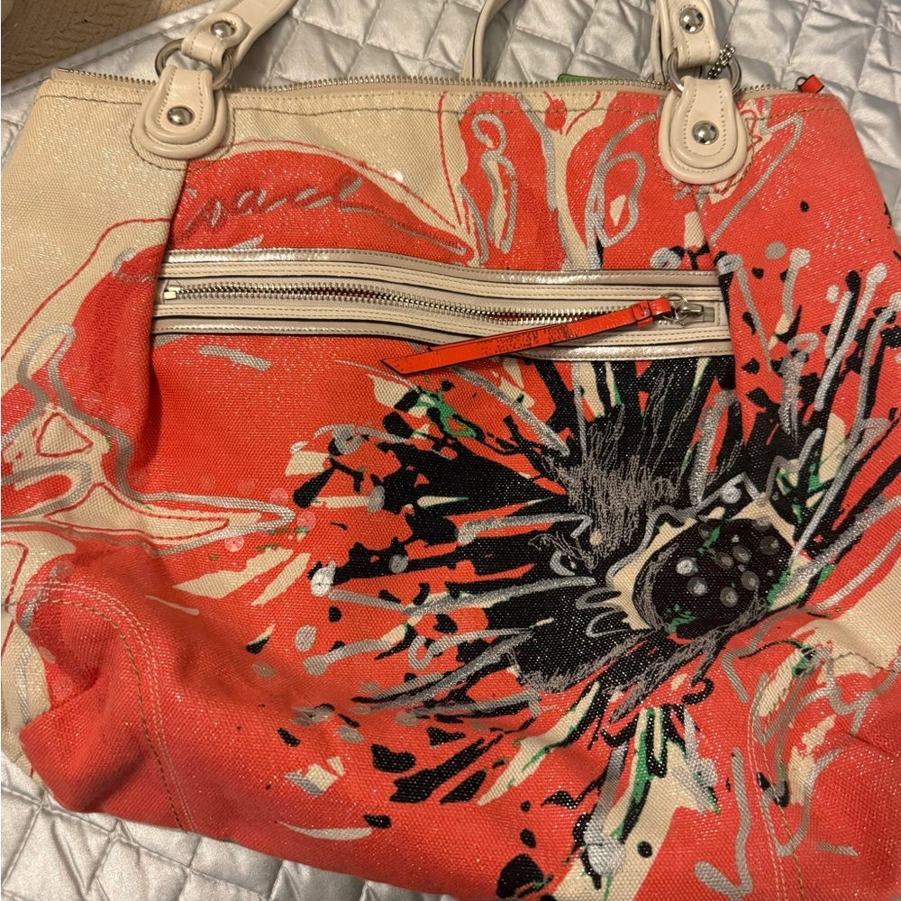 Stella & Dot Coral and Cream Floral Canvas Tote